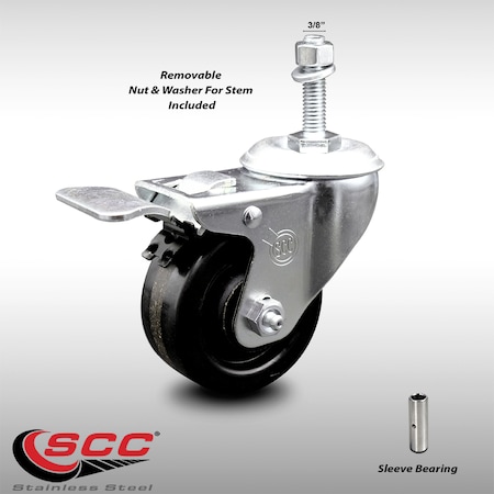 Service Caster 3.5 Inch SS Phenolic 3/8 Inch Threaded Stem Caster with Total Lock Brake SCC SCC-SSTSTTL20S3514-PHS-381615